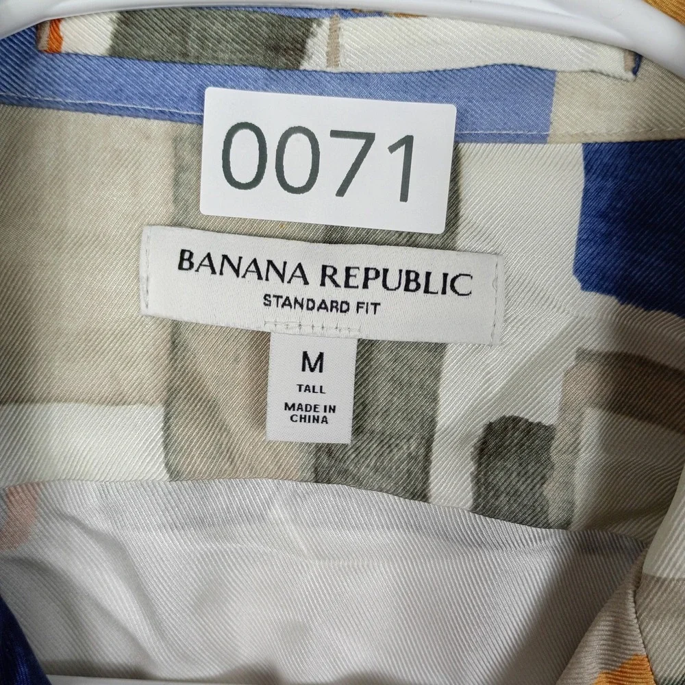 Banana Republic Mens M Tall Silk Abstract Geometric Camp Shirt Blue Orange White